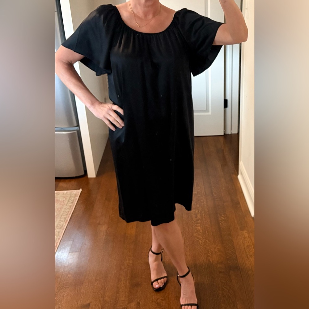 Black satin flutter sleeve dress